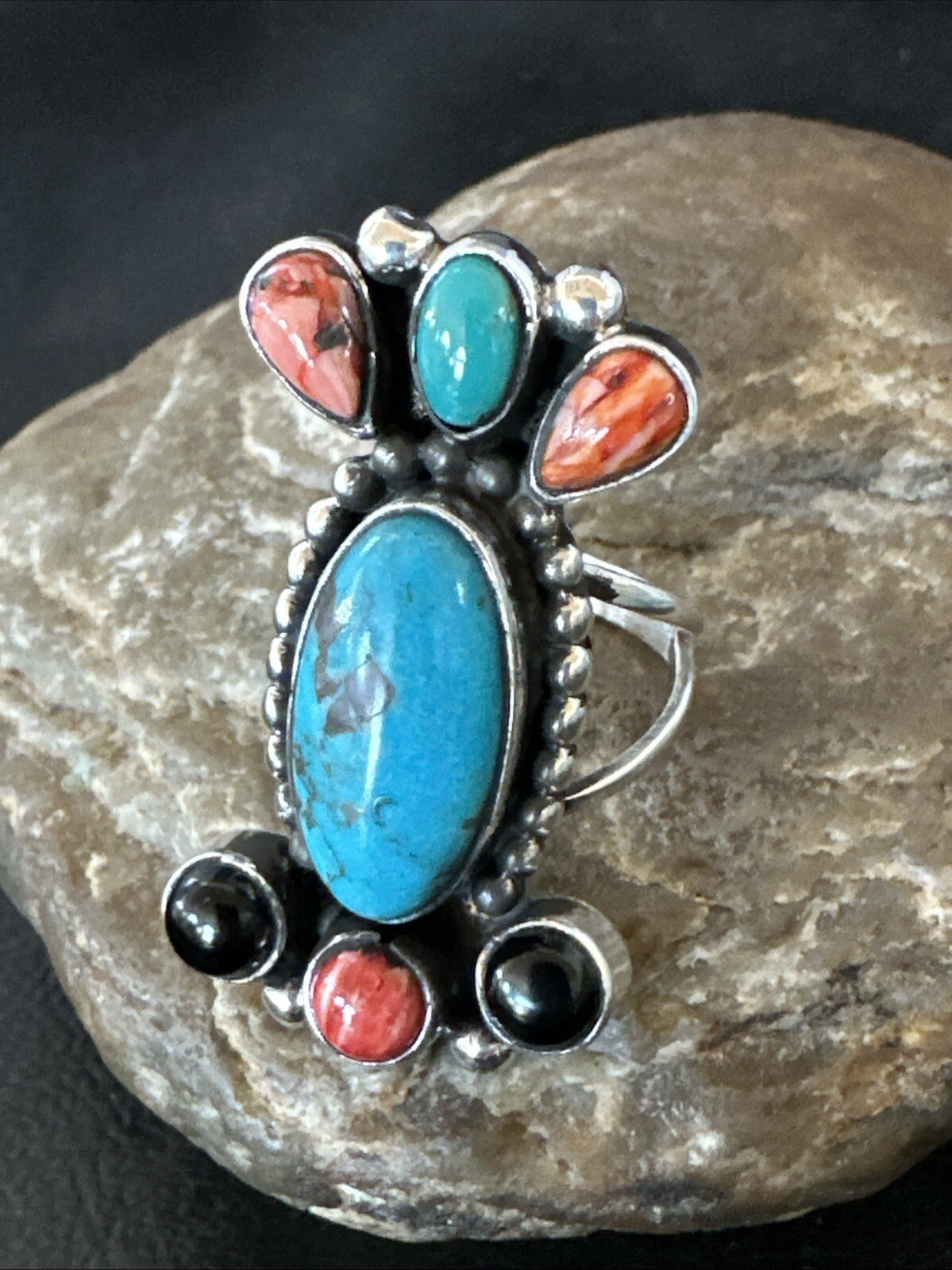 Cluster Blue Turquoise Spiny Oyster Onyx Sterling Silver Ring Size 9 18560
