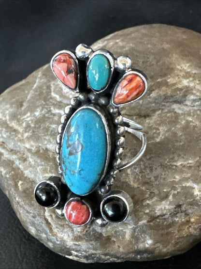 Cluster Blue Turquoise Spiny Oyster Onyx Sterling Silver Ring Size 9 18560