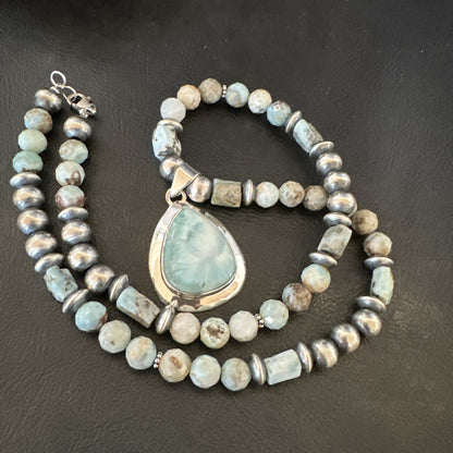 Blue Larimar Pendant Navajo Sterling Silver Natural Necklace 21" 17759