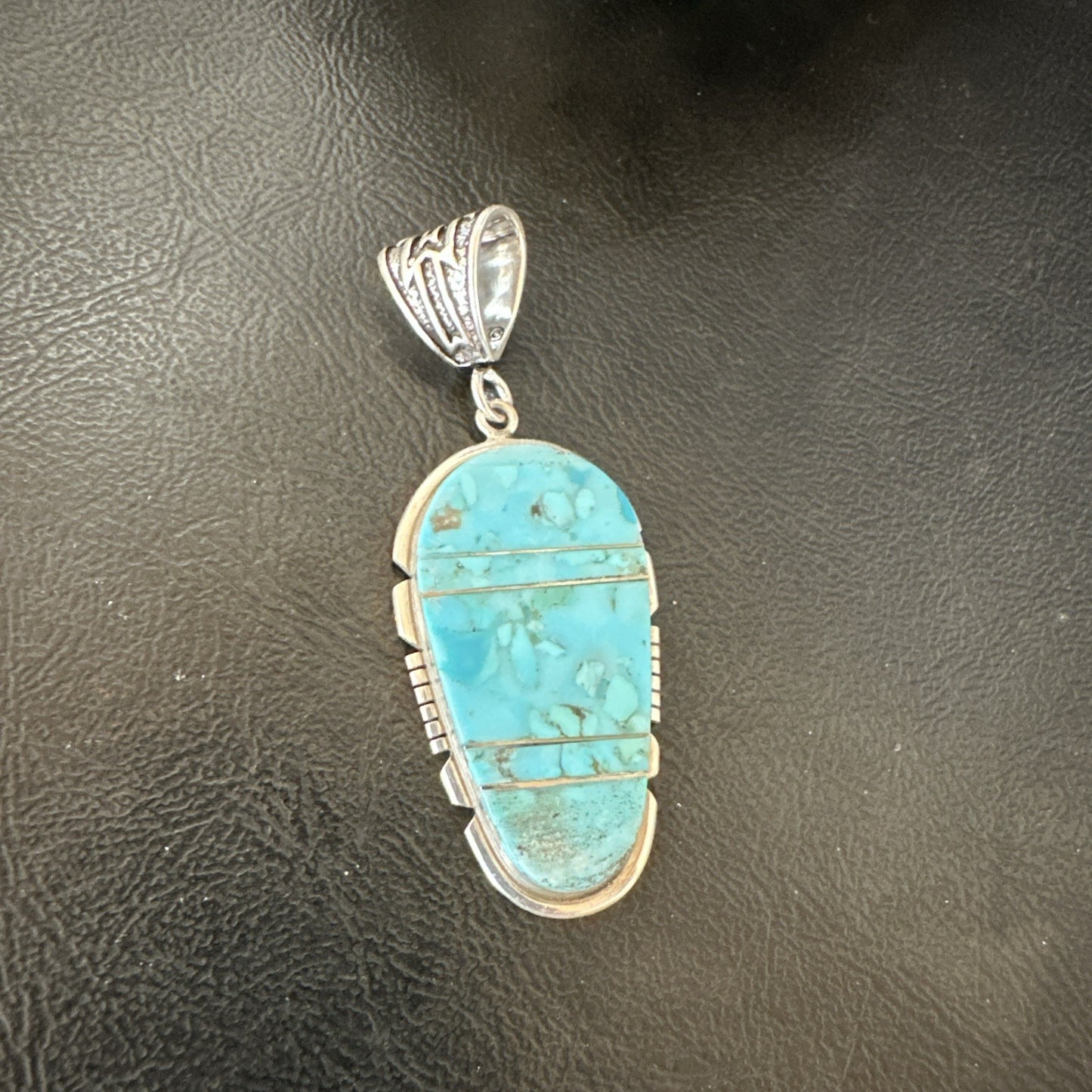 Navajo B E Inlay 925 Sterling Silver Turquoise Pendant Cobblestone 2.5" 19399
