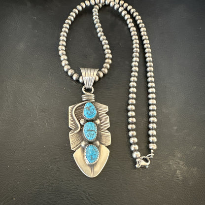 Mens Feather Kingman Turquoise Pendant Navajo Sterling Silver Necklace 17783