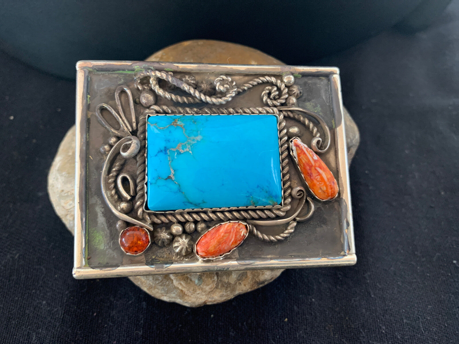 Blue Turquoise Spiny Oyster Navajo Sterling Silver Concho Belt Buckle 00717