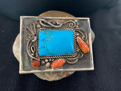 Blue Turquoise Spiny Oyster Navajo Sterling Silver Concho Belt Buckle 00717