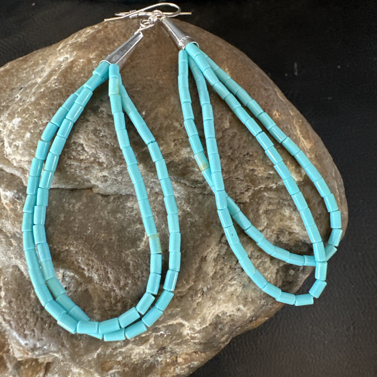 New Blue Turquoise Heishi 2 Strand Dangle Sterling Silver Earrings 3” 19039