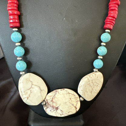 Mens Wild Horse Blue Turquoise Red Coral Navajo Sterling Silver Necklace 17980