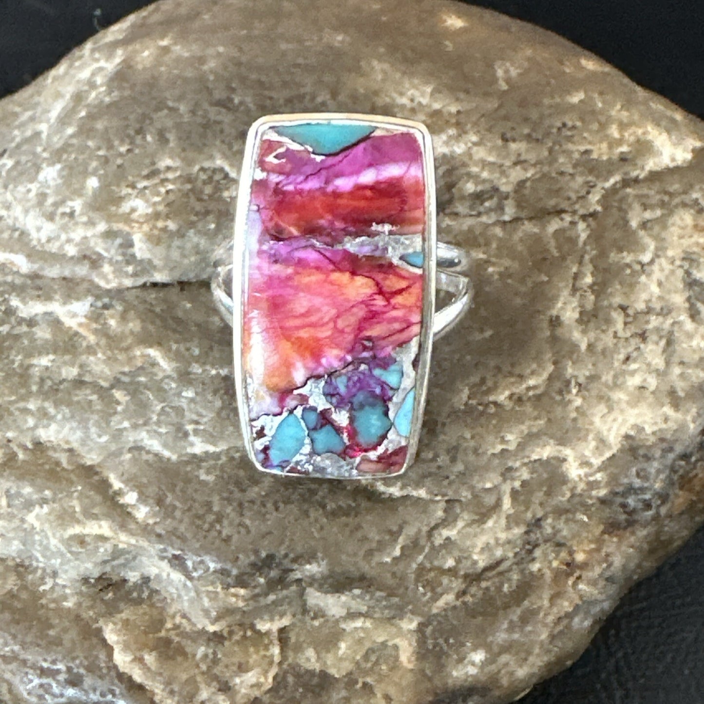 Blue Turquoise Spiny Oyster Navajo Sterling Silver Ring Size 9 18221