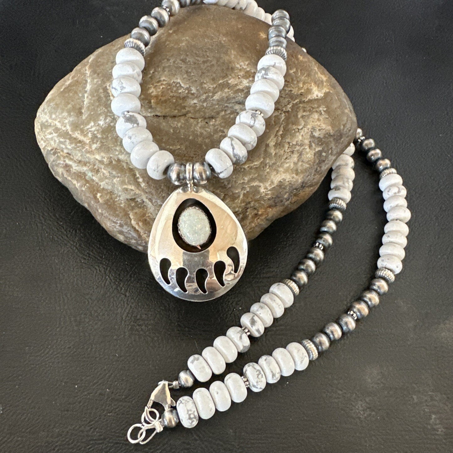 Mens White Opal BearPaw Pendant Navajo Howlite Sterling Silver Necklace 17884