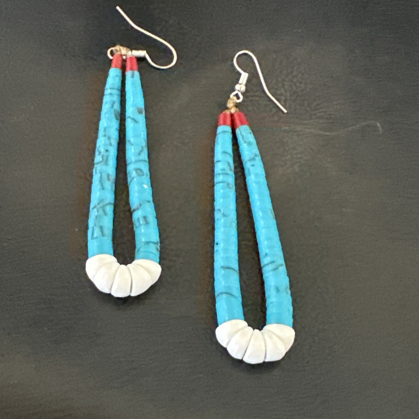 Blue Turquoise White Santo Domingo Sterling Silver Dangle Earrings 2.75” 18164