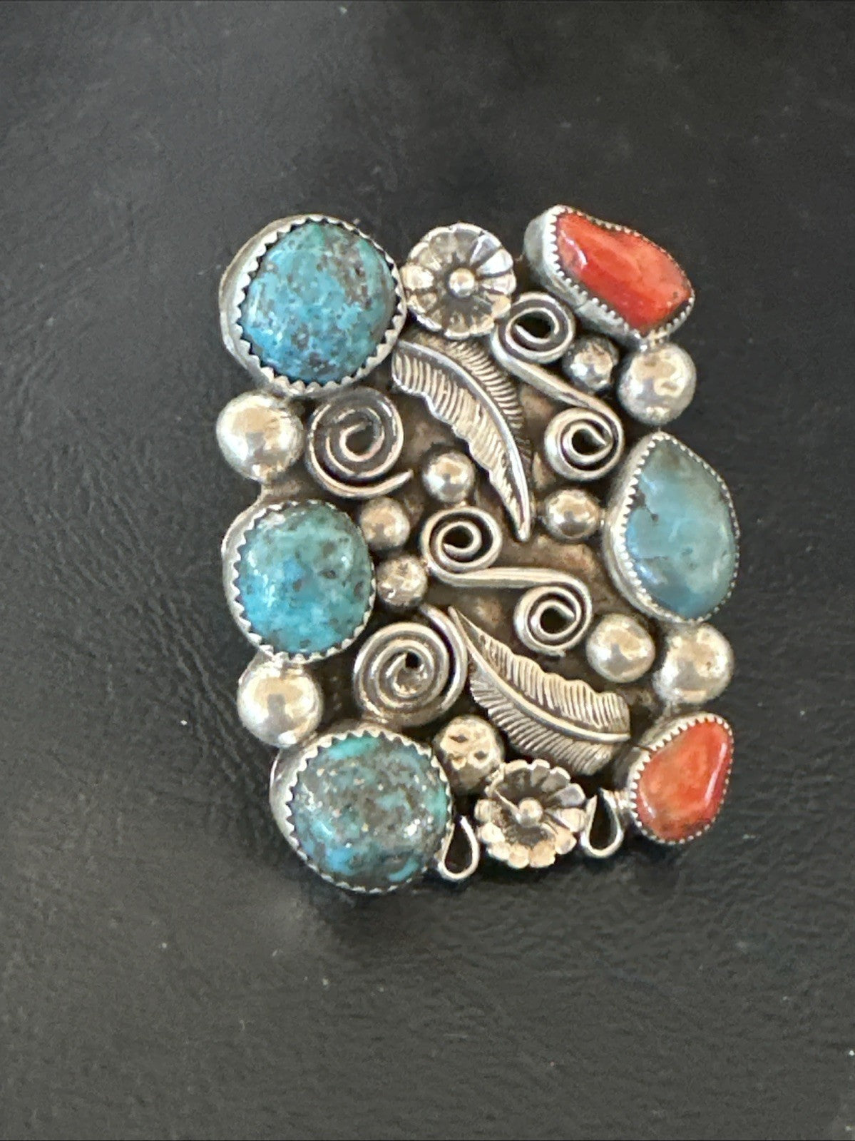 Navajo Blue Turquoise Coral Ring Multi-Stone Cluster Sz 10.5 19779