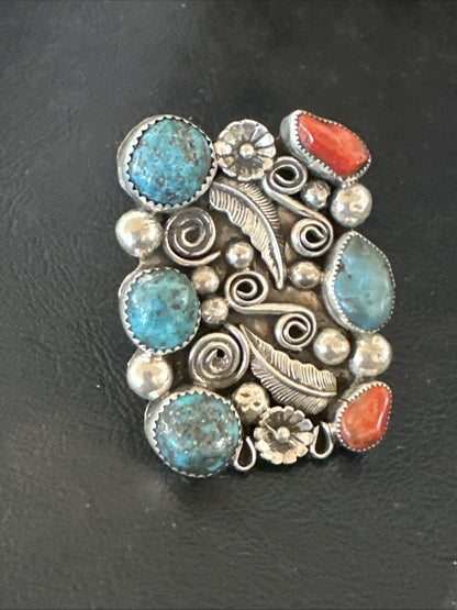 Navajo Blue Turquoise Coral Ring Multi-Stone Cluster Sz 10.5 19779