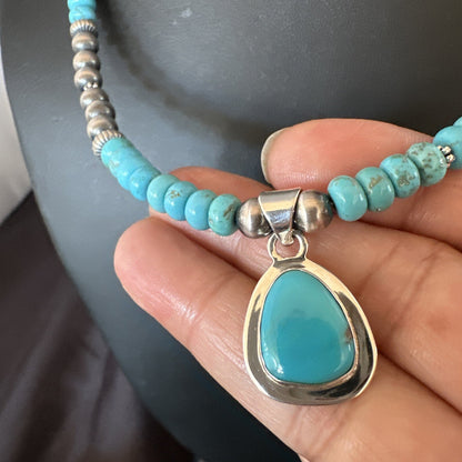 Mens Blue Kingman Turquoise Pendant Navajo Sterling Silver Necklace 21" 18107