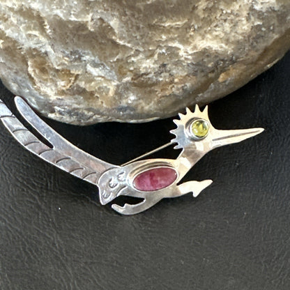 Road Runner Spiny Peridot Navajo Sterling Silver Stamped Pin Brooch 3” 19089