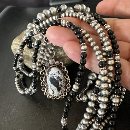 White Buffalo Black Onyx Sterling Silver Navajo Pearls Strand Necklace Set 19020