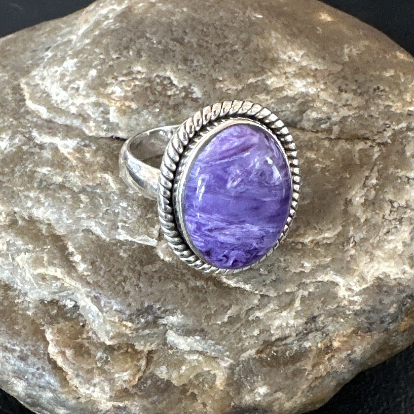 Womens Purple Charoite Navajo Sterling Silver Oval Ring Adjustable Size 9 17247