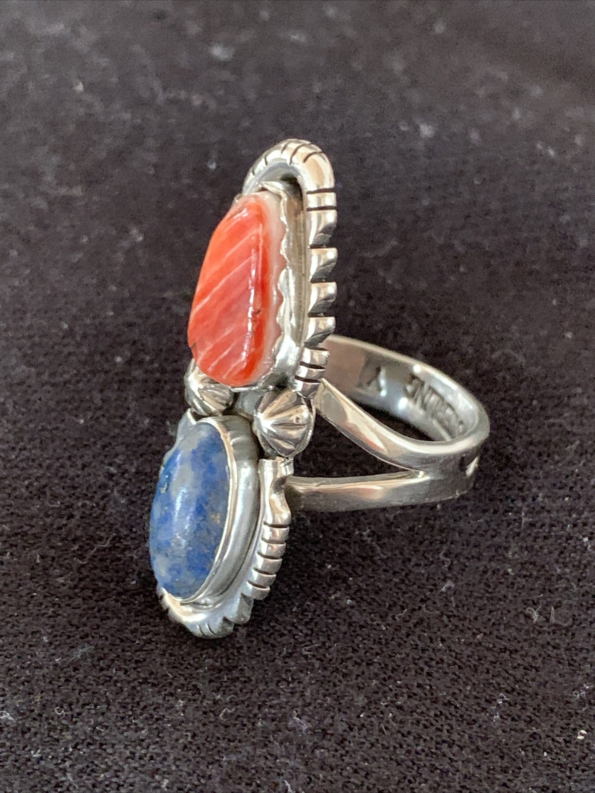 Red Spiny Oyster & Lapis Navajo Sterling Silver Ring Size 10.5 19763