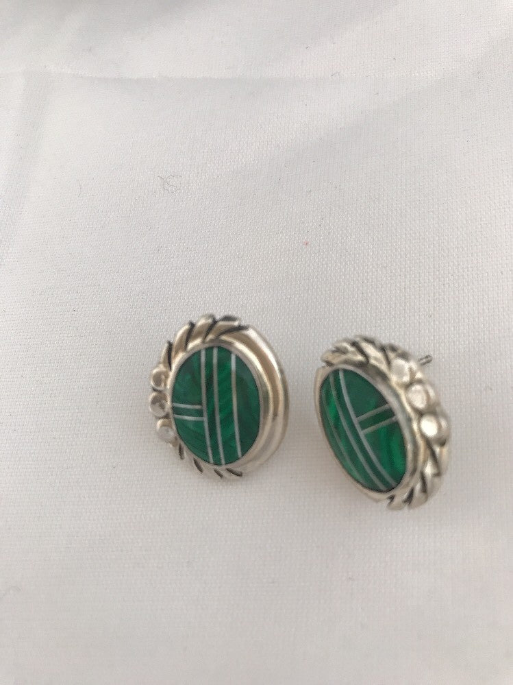 Green Malachite Southwetsern Navajo Sterling Silver Inlay Earrings 01987