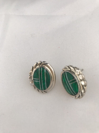 Green Malachite Southwetsern Navajo Sterling Silver Inlay Earrings 01987