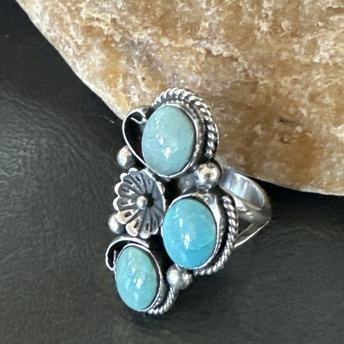 Yazzie Ring Green Turquoise Navajo Sterling Silver Cluster Size 8 19222