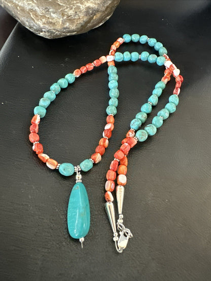 Red Spiny Oyster Blue Turquoise Navajo Sterling Silver Necklace 17954