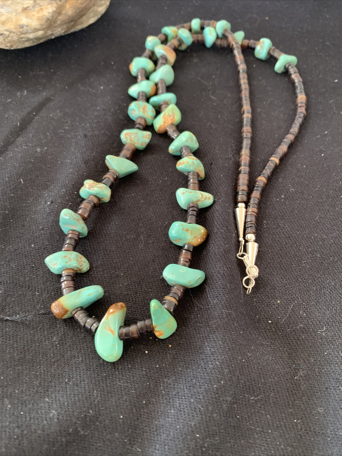 Native Navajo 30" Turquoise Shell Heishi Sterling Silver Bead Necklace 00764