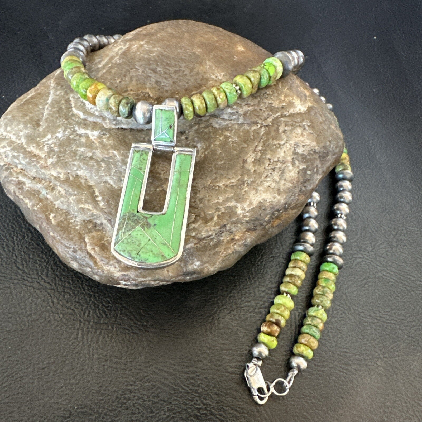 Womens Green Gaspeite Turquoise Pendant Navajo Sterling Silver Necklace 18367