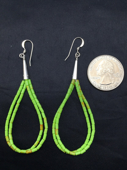 Gift Liquid Silver Heishi Dangle Green Gaspeite Sterling 2S Earrings 2.5” 4370