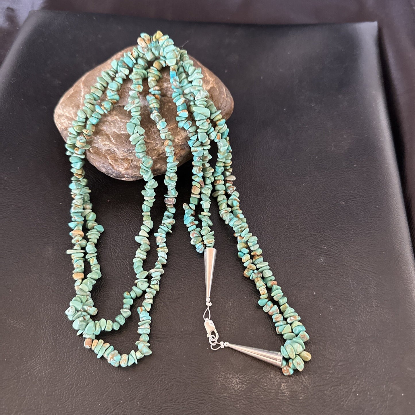 Green Turquoise 2S Nugget Beads Navajo Sterling Silver Necklace 30” 17780