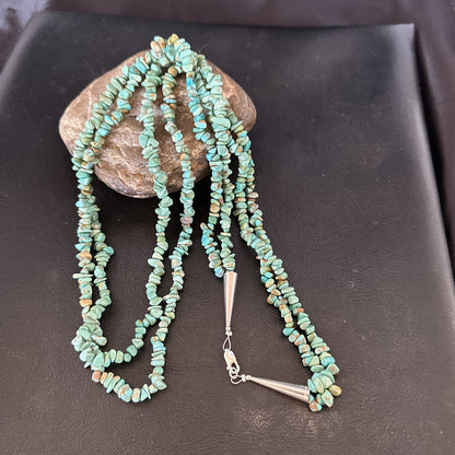 Green Turquoise 2S Nugget Beads Navajo Sterling Silver Necklace 30” 17780