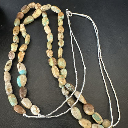 Only One Sterling Silver Heishi Green Turquoise 2 Strands Bead Necklace 18823
