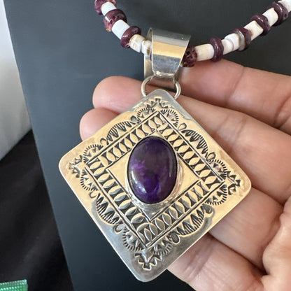 H Joe Purple Spiny Oyster Pendant Shell Sterling Silver Necklace 26” 19544