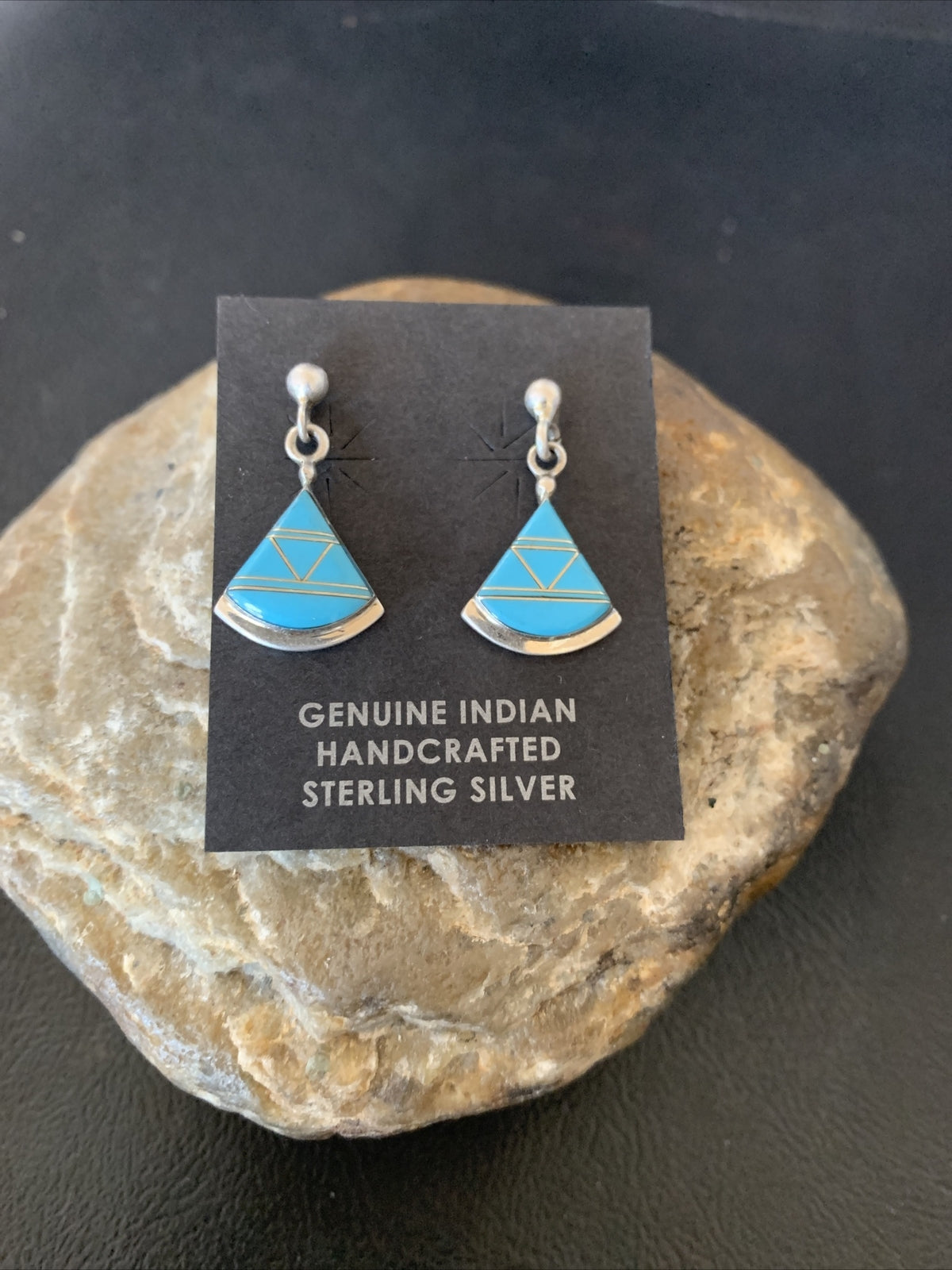 Blue Turquoise Inlay Zuni Sterling Silver Dangle Post Earrings 1" 12747