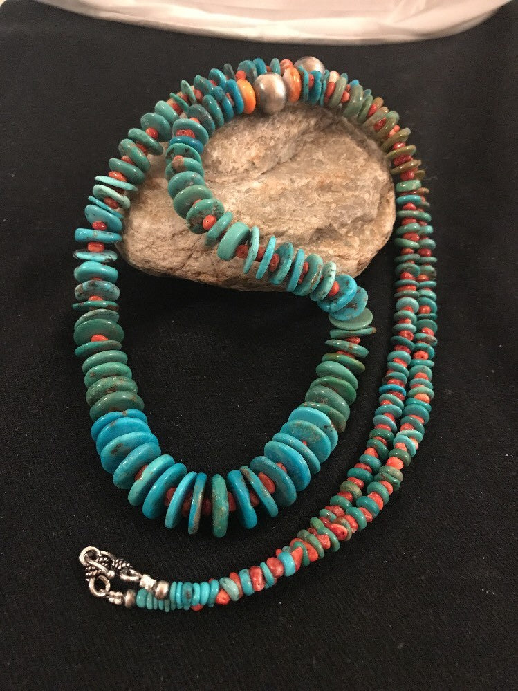 Kingman Turquoise Navajo Sterling Silver Spiny Necklace 32” 3684