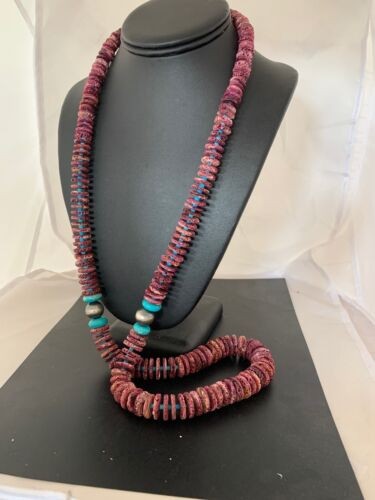 Navajo Necklace Purple Spiny Oyster & Turquoise Navajo Pearls 28" 3239