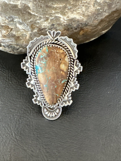 Navajo Sterling Silver Ribbon Boulder Green Turquoise Ring Size 11.5 19614