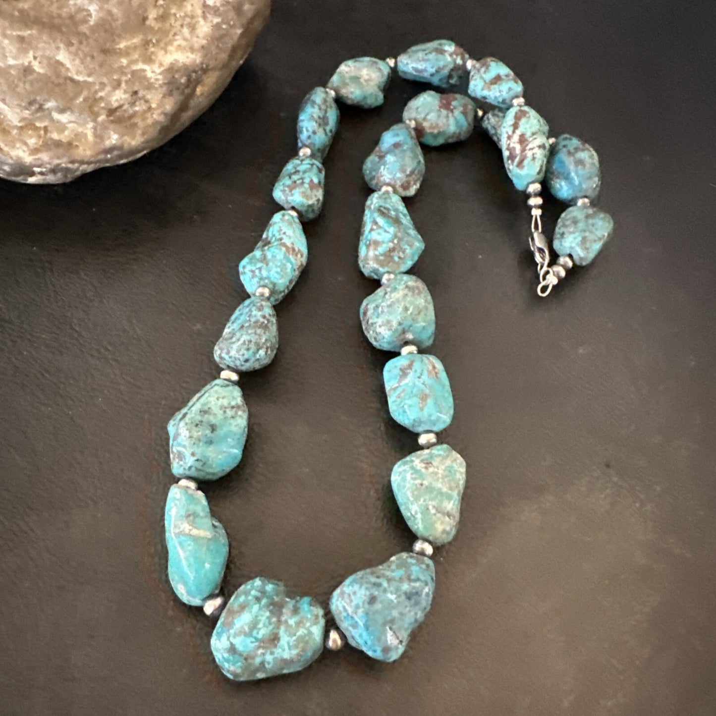 Mens Womens Chunky Blue Nugget Turquoise Navajo Sterling Silver Necklace 18673