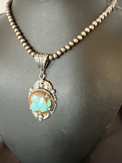 Mens Blue Turquoise#8 Pendant Navajo Sterling Silver Necklace 18071