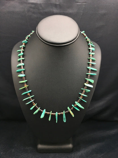 Native Green Turquoise & Bone Bead Navajo Sterling Silver Necklace 20" 03282