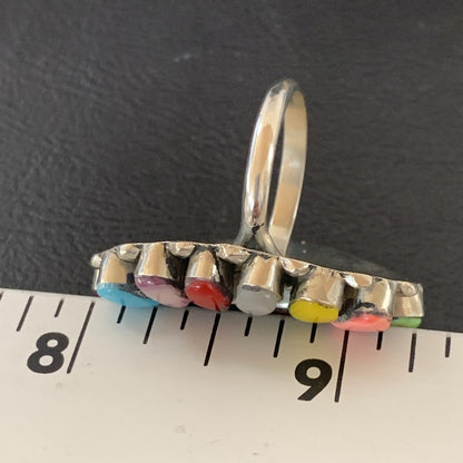 Onyx Lapis Turquoise & Gaspiete Navajo Sterling Silver Inlay Ring Size 8 11960