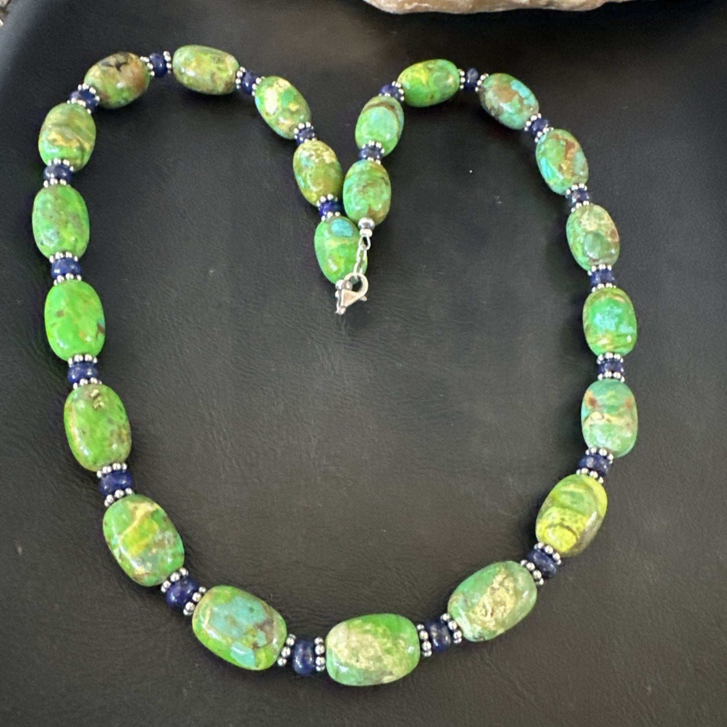 Green Turquoise Lapis Nugget Southwestern Sterling Silver Necklace 22" 19249