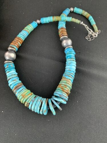 Navajo Blue Green Turquoise Graduated Necklace Sterling Silver 20" 234