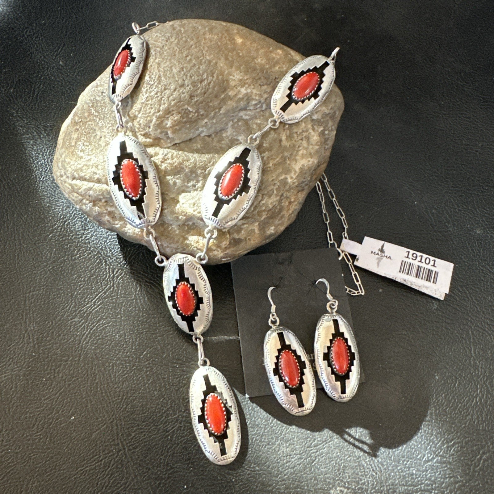 Old Native Navajo Red Coral Sterling Silver Shadowbox Necklace Earrings 18”19101