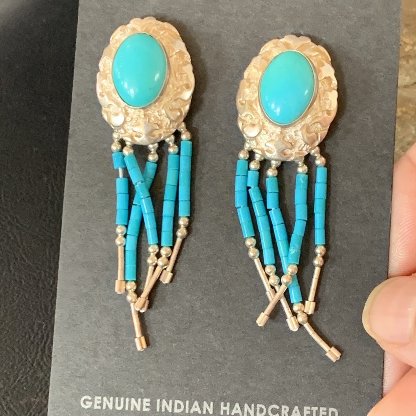 Native Womens Nugget Sterling Silver Blue Turquoise Dangle Earrings 2" 13013