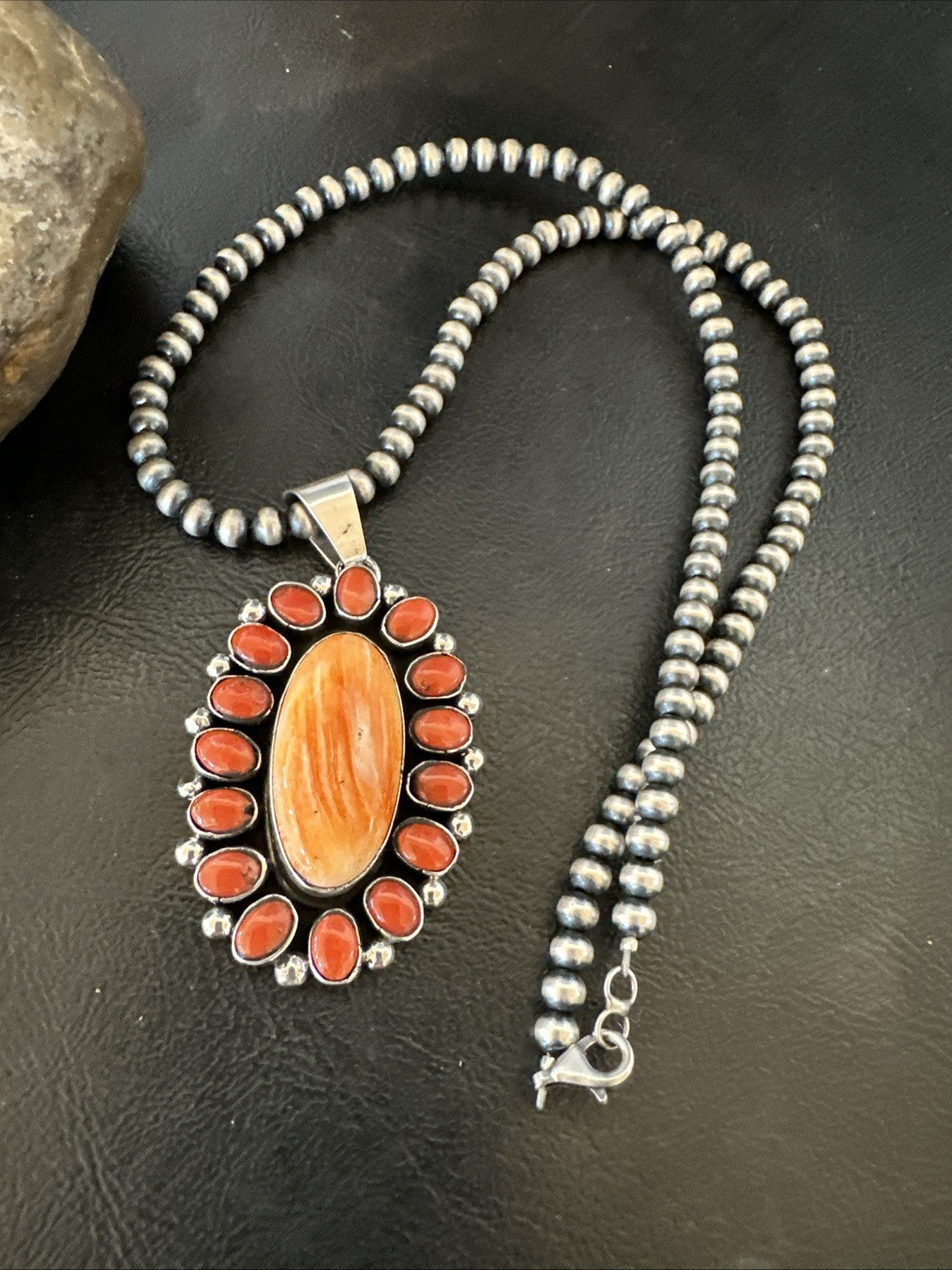 Red Coral Orange Spiny Navajo Sterling Silver Cluster Pendant Necklace 19565