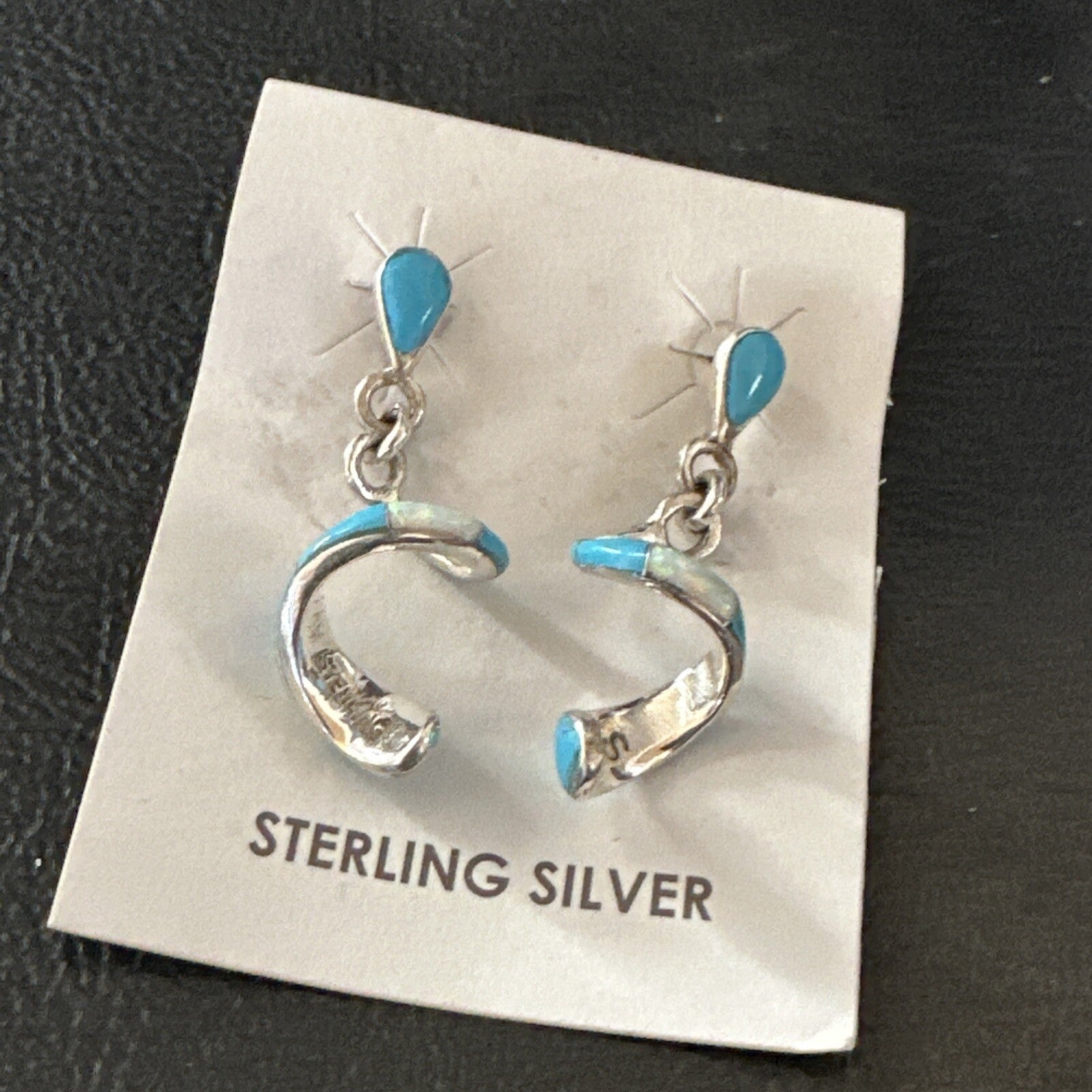 Blue Turquoise Opal Inlay Swirl Navajo Sterling Earrings 1.25" 18751