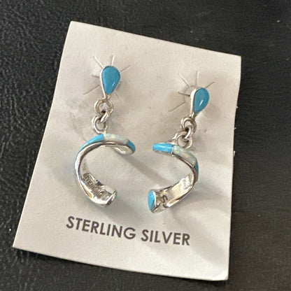 Blue Turquoise Opal Inlay Swirl Navajo Sterling Earrings 1.25" 18751