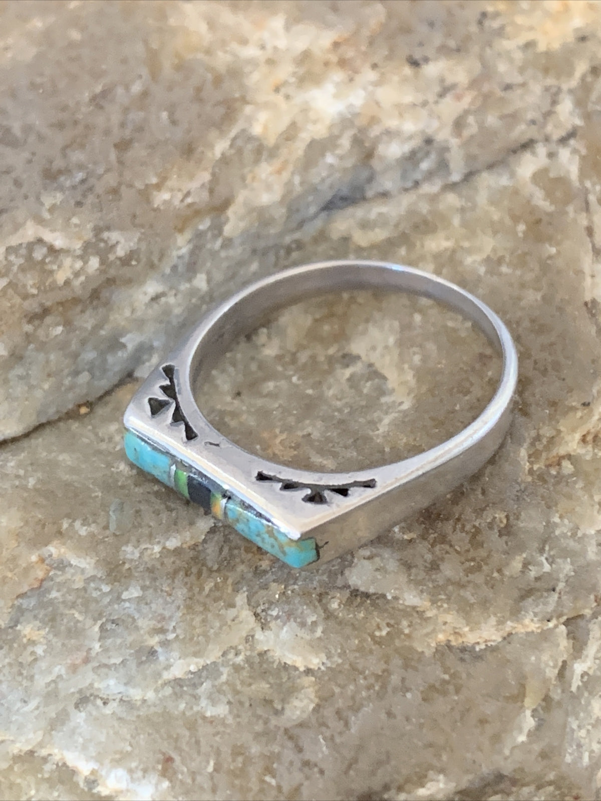 Turquoise & Onyx Navajo Sterling Silver Inlay Ring Size 6 11152