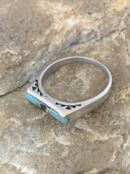 Turquoise & Onyx Navajo Sterling Silver Inlay Ring Size 6 11152