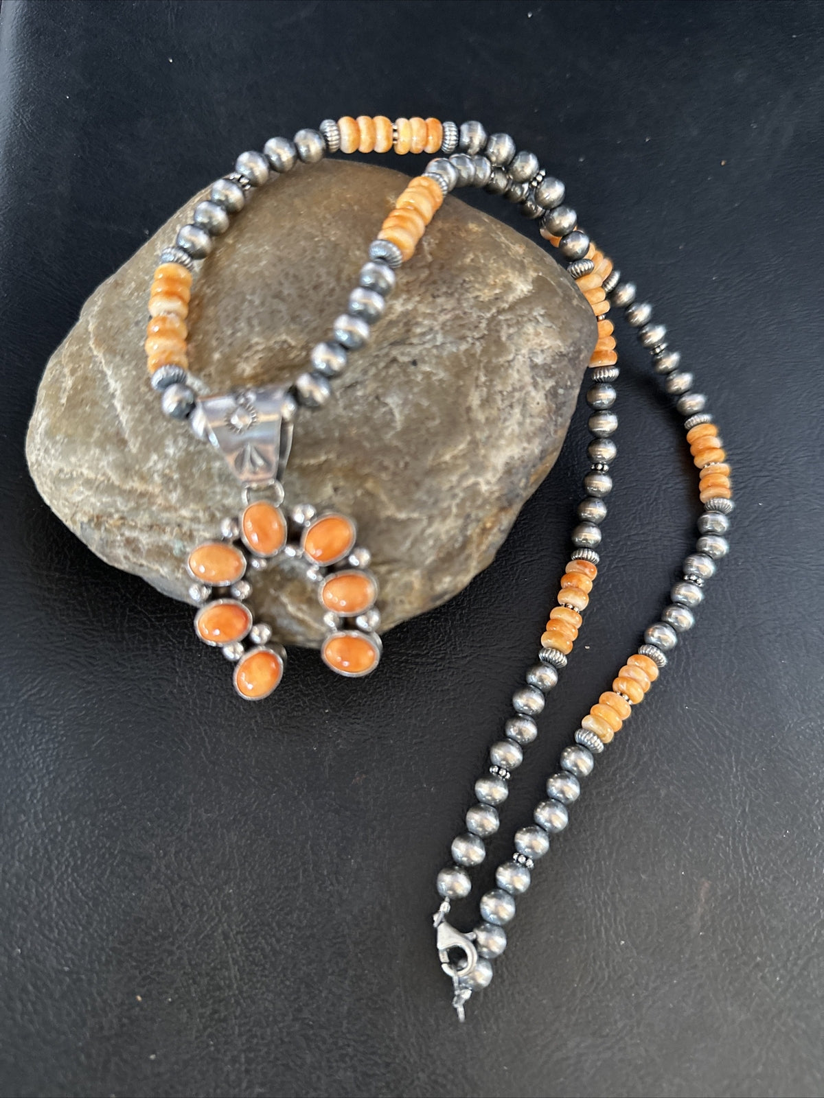Orange Spiny Oyster Naja Pendant Navajo Pearls Sterling Silver Necklace 11346