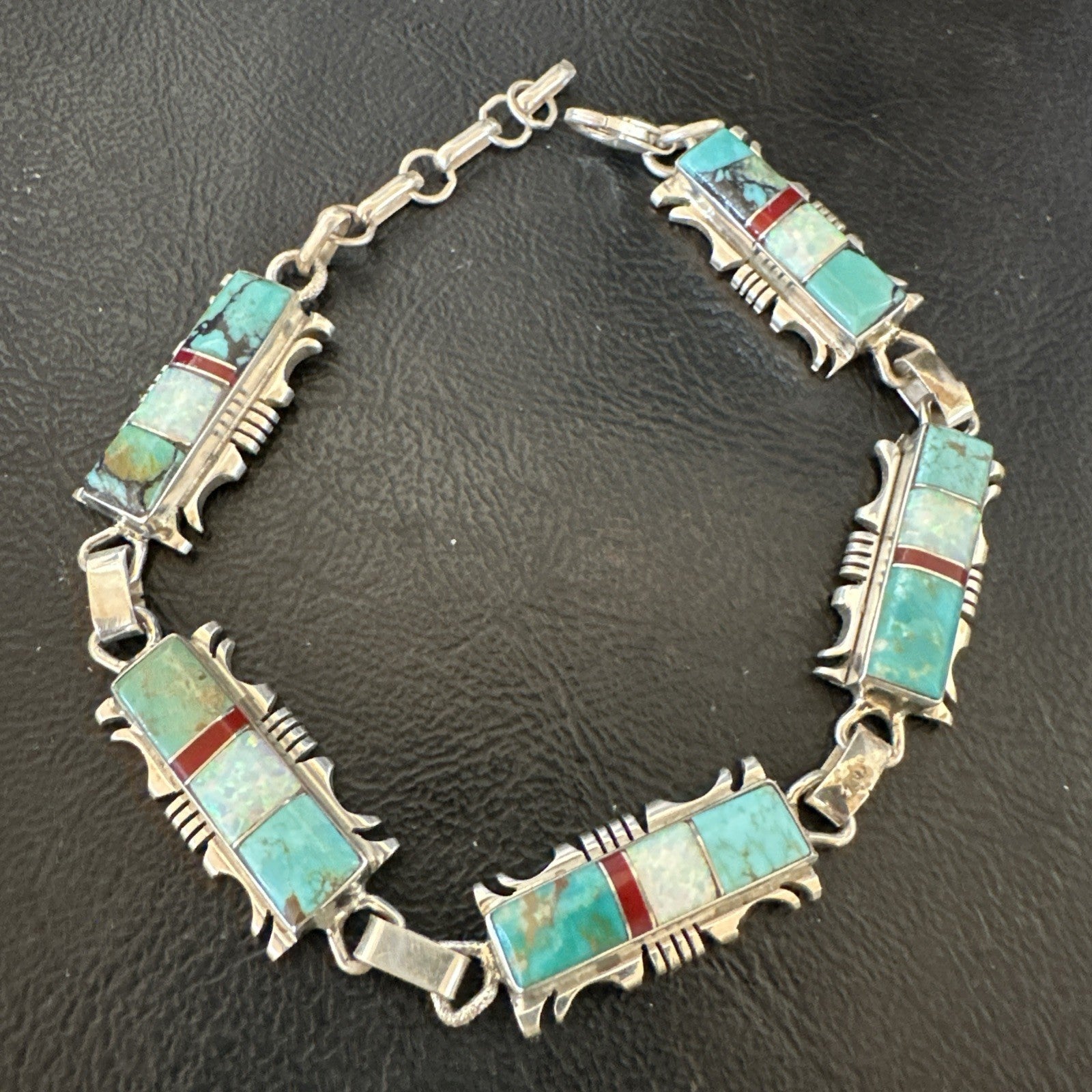 A Womens Blue Turquoise Opal Navajo Sterling Silver Link Bracelet 9" 19791