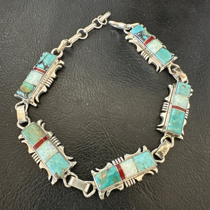 A Womens Blue Turquoise Opal Navajo Sterling Silver Link Bracelet 9" 19791